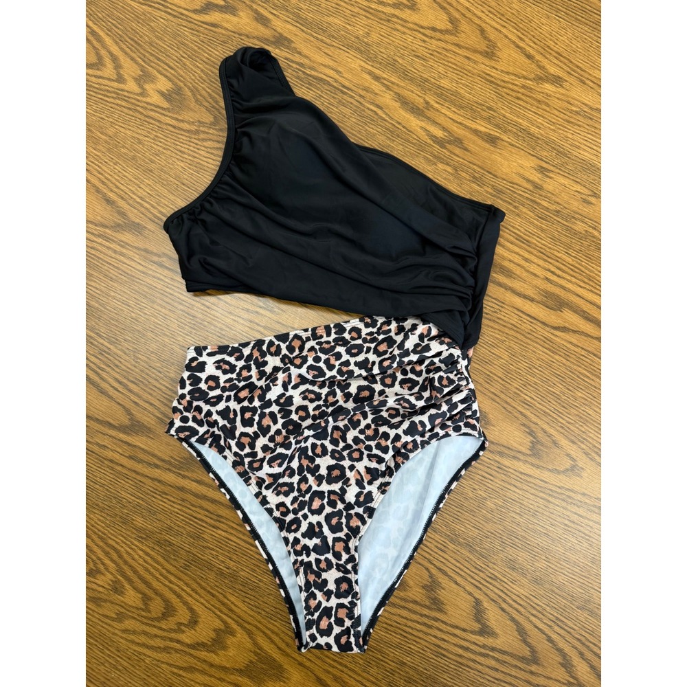 One Shoulder Cutout Leopard Print One Piece Swimsuit Black Brown Size L